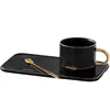 Gold rimmed drinkware breakfast black ceramic latte coffee cup saucer with spoon