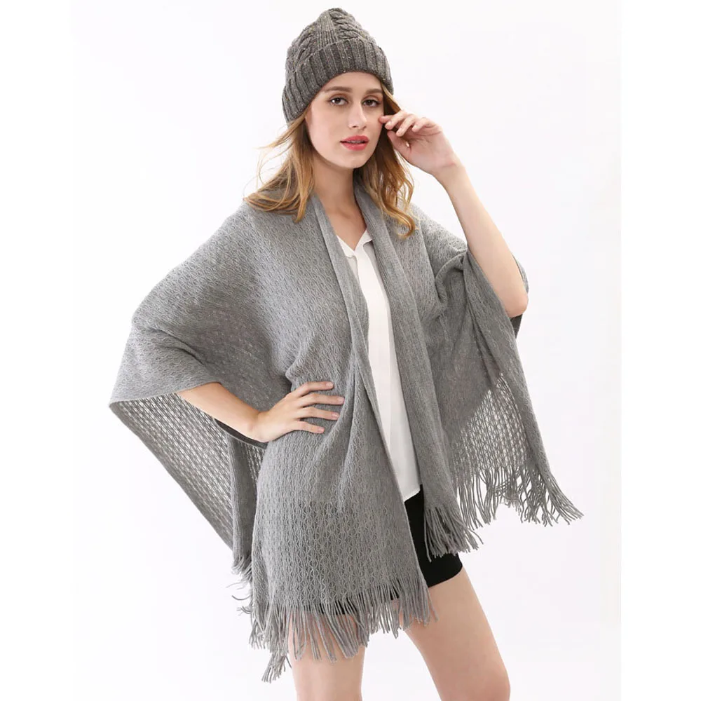 2015 Fashion Fall Winter Ladies Blanket Pashmina With Tassels Soft Warm Desigual Women Gray Plus Size Womens Poncho 160*140cm