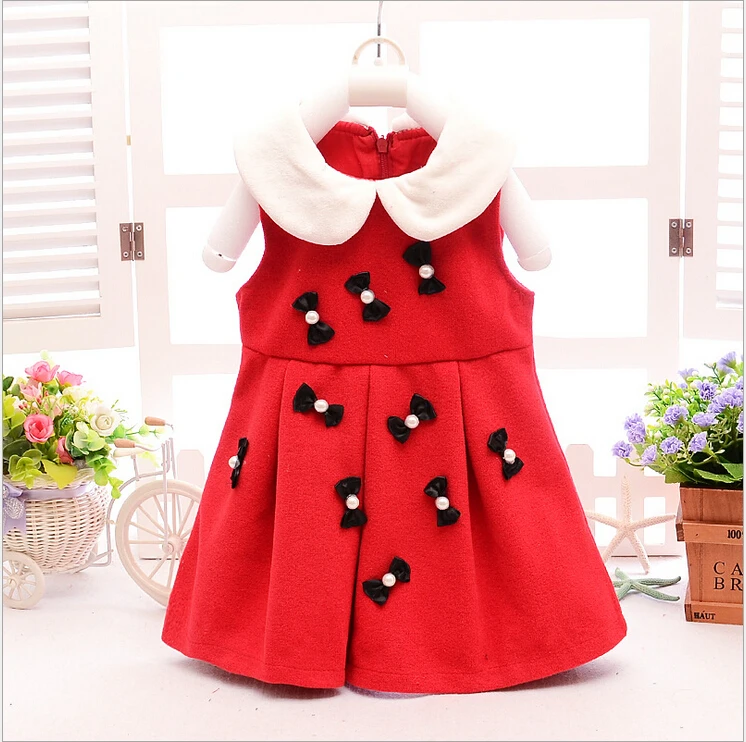 2015 hot style fall and winter clothing little girls bow dress woolen material princess dress baby casual wear baby clothes