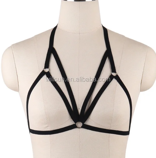 women harness elastic cupless cage bra hollow out strappy crop