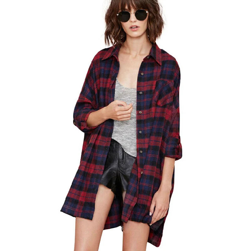 Casual Red Long Sleeve Plaid Shirts For Women Tops Boyfriend Shirt Loose Vintage Blouse 2015 Street Plus Size Blousa Feminina