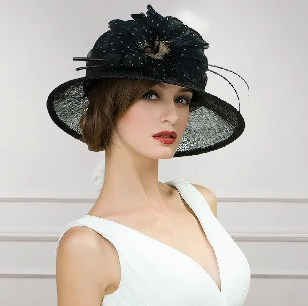 Newest design wedding dress hats with feather black church hats for