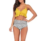 Mixed color printing lotus leaf skirt series beach outfit front overlay design bikini fold high waist sexy split swimsuit