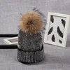 h100 custom winter knit beanie shine rhinestone custom racoon fur pom pom hat