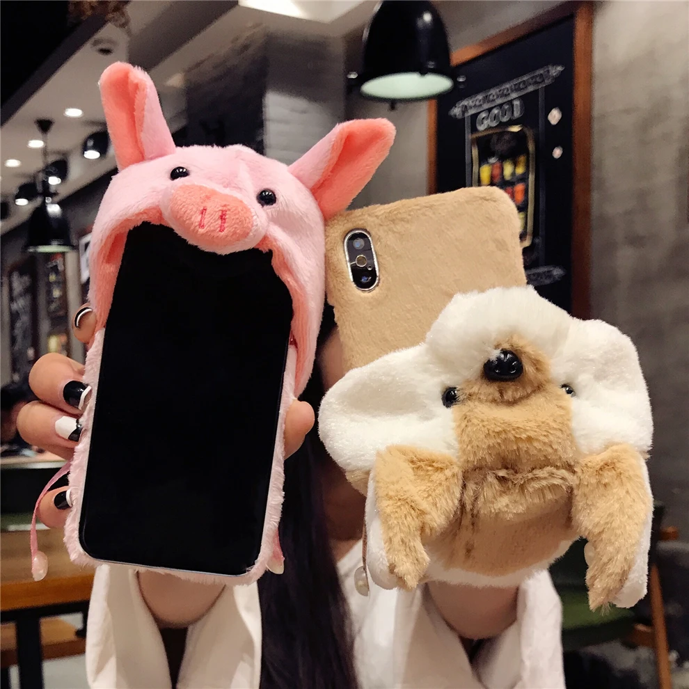 YEMIAO Pig Dog Hat Fur Case For iPhone X 6 6S 7 8 Plus Girl Style Winter Warm Cute Cover For iPhone X 10 6 6S 7 8 Plus Accessory (15)