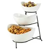 New arrivals boat shaped 3 tier white snack ceramic serving bowl with metal rack