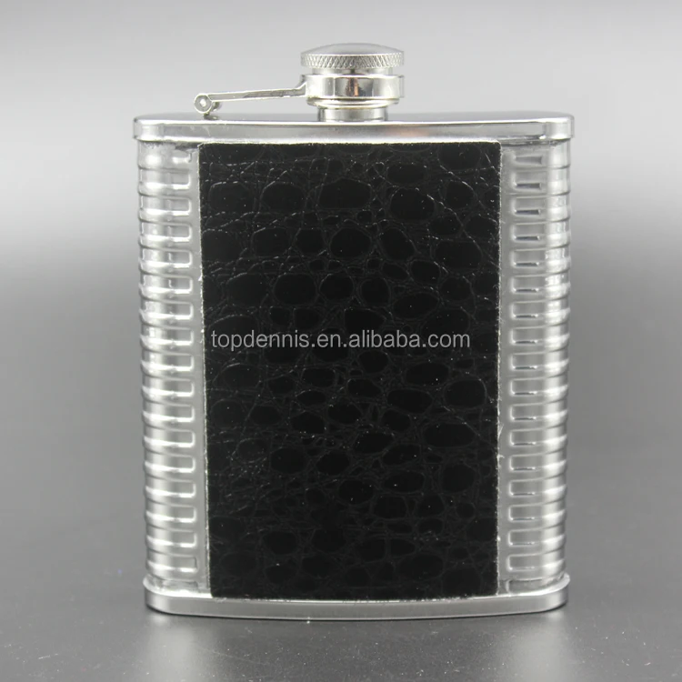 7oz stainless steel wine hip flask with black leather covered