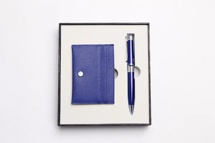 metal elegant pen gift set with genuine leather card holder for