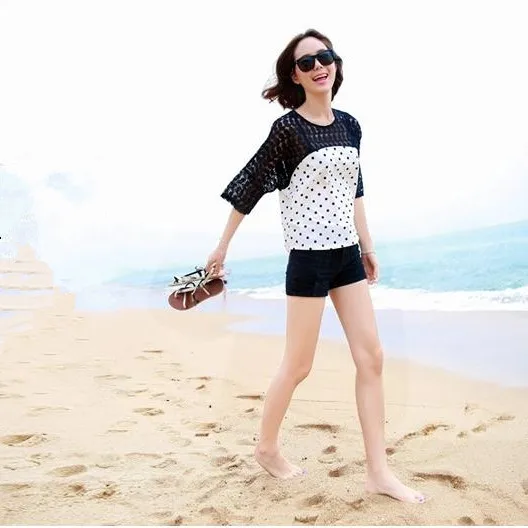 New Batwing Sleeve Women Blouses Plus Size Polka Dot Chiffon Lace Patchwork Tops Ladies Casual Hollow Out Sexy Lace Blouses