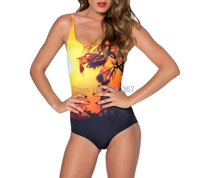 Digital printing golden nightfall beach style good elastic silky texture one-piece swimwear swimsuit for sexy girls