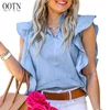 OOTN Blue Ruffle Sleeveless Office Blouse Femme Chemise Summer Blouse Women 2020 Tunic Women Shirt Ladies Blouse And Tops