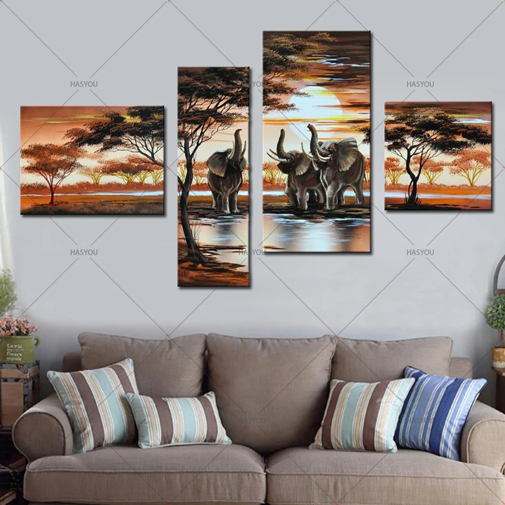 Elephant-Wall-Art-Oil-Painting-Pictures-African-Landscapes-Modern-Canvas-Painting-4-Panel-Wall-Decor-Pictures (1)