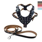 Genuine leather large dog military harness rivet punk fashion dog leather harness leather dog harness