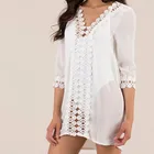 Women Three-quarter Sleeves Deep V Neck Summer Cut-Out Crochet Tunic Blouses