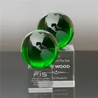 Wholesale Blank green K9 Optical Crystal Globe With 3D Laser Engraved Crystal Cube Base for globe trophy