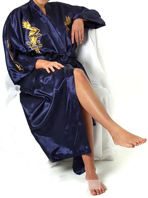 Free Shipping Navy Blue Chinese Women's Satin Silk Robe Embroidery Kimono Bath Gown Dragon Size S M L XL XXL XXXL S0008#
