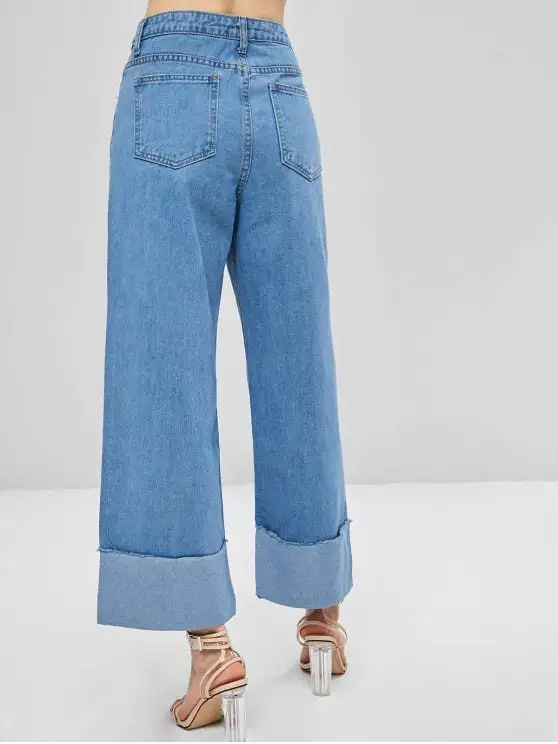 Wide Leg Roll up Design Denim Womens High Waisted Palazzo Jeans