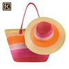 JAKIJAYI Fashion color leather handle stripe woven straw beach bag with hat