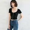 Wholesale Fashion Personalized Plain Color Scoop Neck Zipper Short Women T-shirt