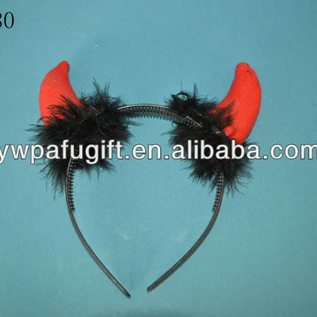 plastic party red devil horns headband with feather