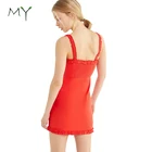 Custom Women Bright Red Slim Fit Linen Ruffle Mini Dress
