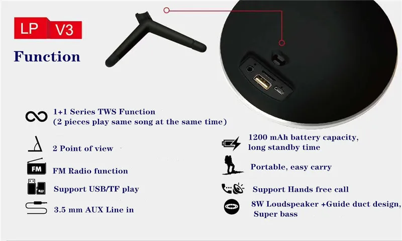 LP-V3 Super Bass Stereo Sound 1200 mAh Battery 8W Loudspeaker Blue tooth Wireless Speaker - ANKUX.COM