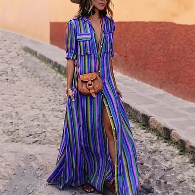 2019 New Design Women Boho Bohemian Striped Print Summer Sleeveless Tank Long Maxi Party Dress