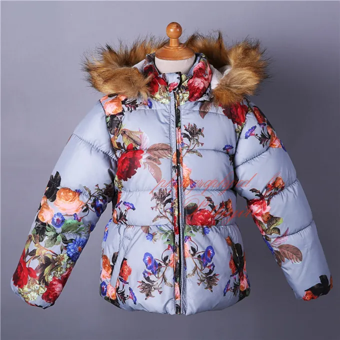 Hot Winter Girls Floral Outerwear Worsted Hooded Down Coat Warmth Baby Child Clothing OC81118-2