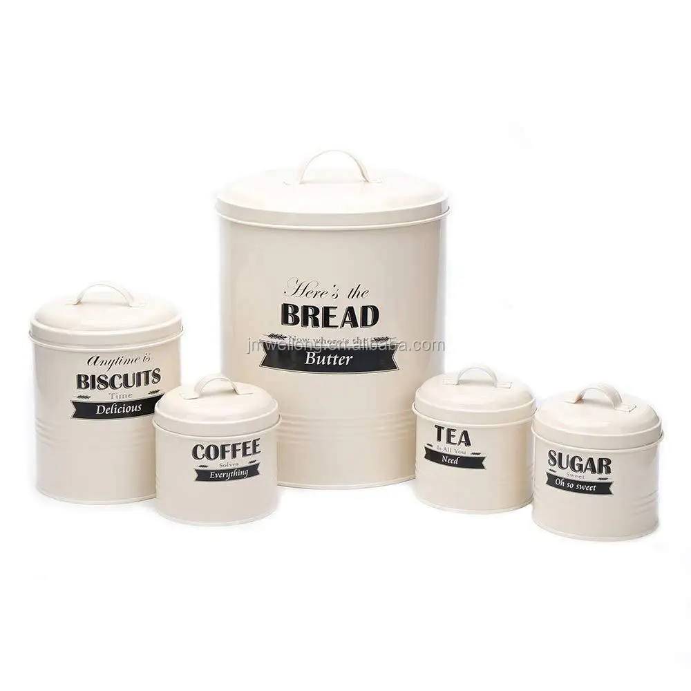 5 Piece Metal Bread Bin Tea Coffee Sugar Biscuit Canister Containers Storage Tin White