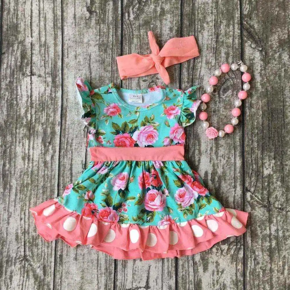 baby girls Summer spring dress outfits girls floral dress girls boutique summer dress with matching necklace and headband