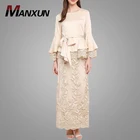 Fashion Design Baju Kurung With Lace For Women Muslim Bell Sleeves Peplum Baju Kebaya