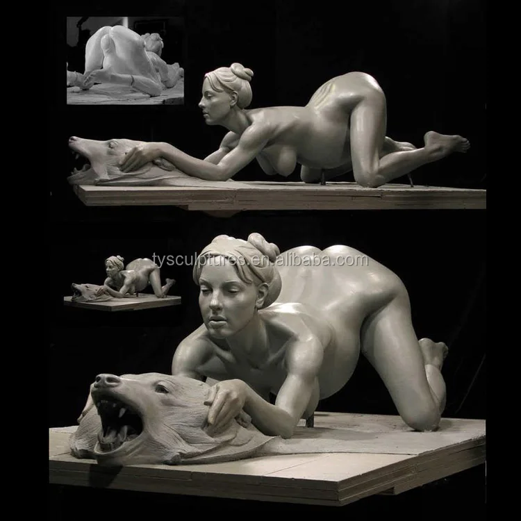 Erotik seksi doğal beyaz mermer çıplak kadın ve kurt kafası heykel taş çıplak kadın mermer heykel