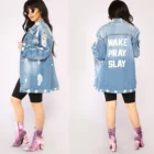 Hot sale ripped print style distress denim jean jackets for womens