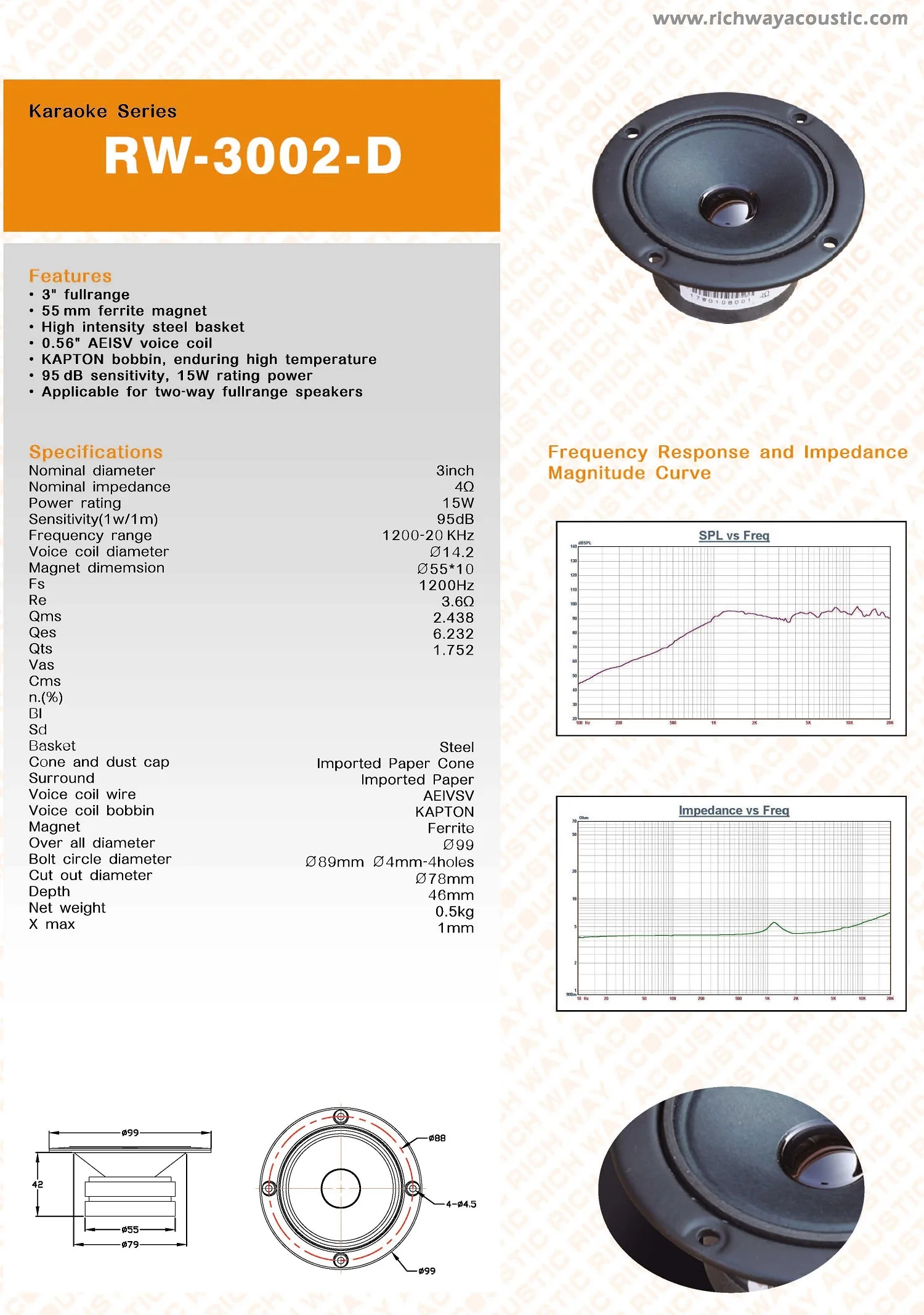 RW-3002-D 3 inch fullrange tweeter 1200KHz-2KHz 15W 55mm ferrit magnet - ANKUX.COM