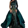 Emerald Green Mermaid Evening Prom Gown One Shoulder Lace Muslim Evening Dresses 2018 with Overskirt Detachable