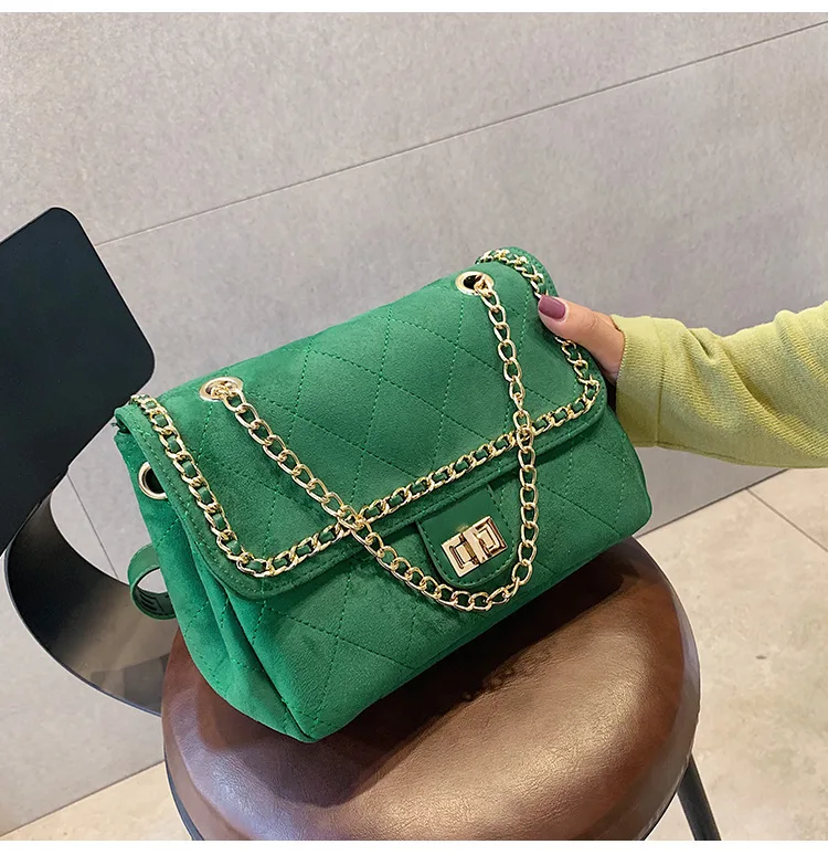 2019 nouveau Style de mode coréen frais couleur vive Faux daim sac à main pour les femmes 2 taille matelassé croix corps sacs à main avec des chaînes
