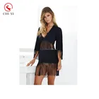 Top quality Women kaftan print beach dress fringed beachwear bikini cover up