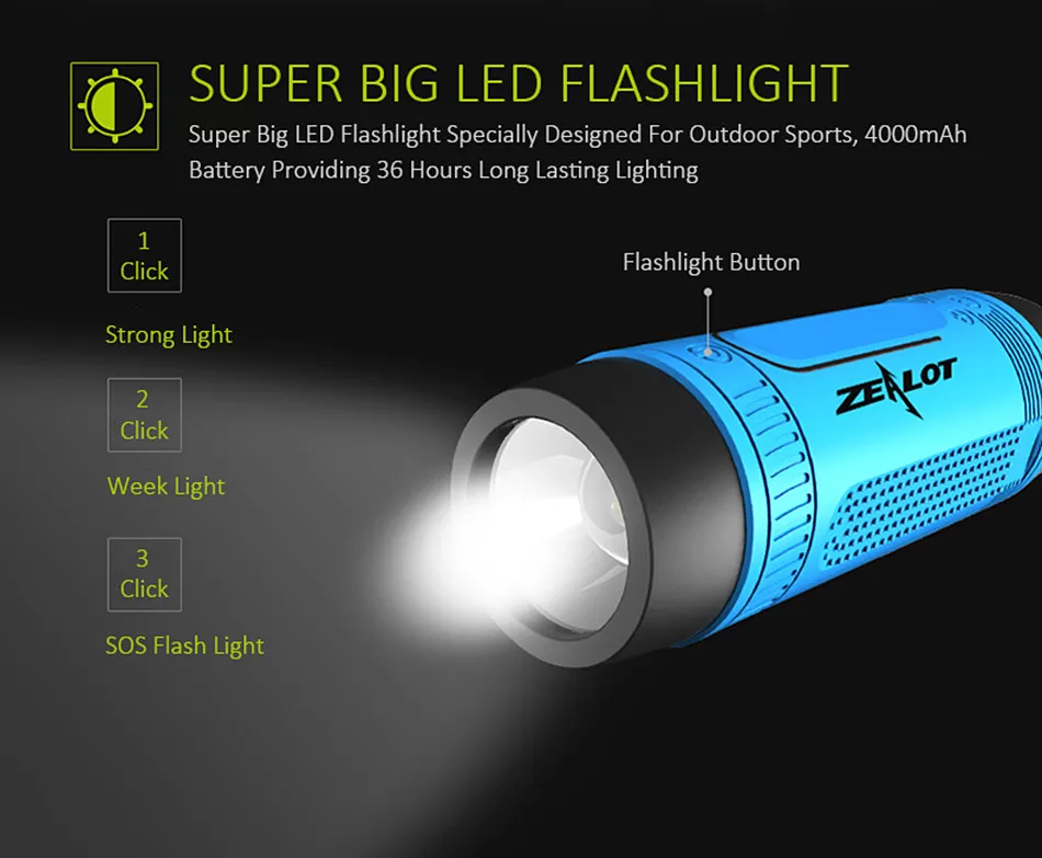 ZEALOT S1 Cycling Stereo Blue tooth Speaker Wireless Column Subwoofer LED Flashlight FM Radio 4000mAh Battery TF Card Play - ANKUX.COM