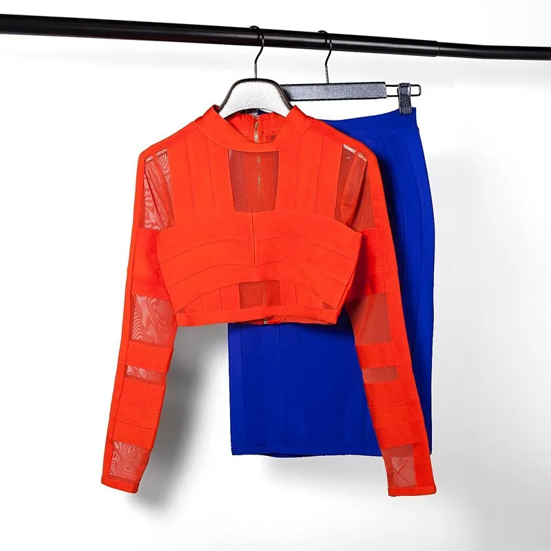 2016 new summer orande and blue two pieces set mesh long sleeve knee-length sey party night club Bandage Dress wholesale