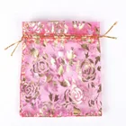 Pink Colour With Golden Rose Stamp Drawstring Organza Bag