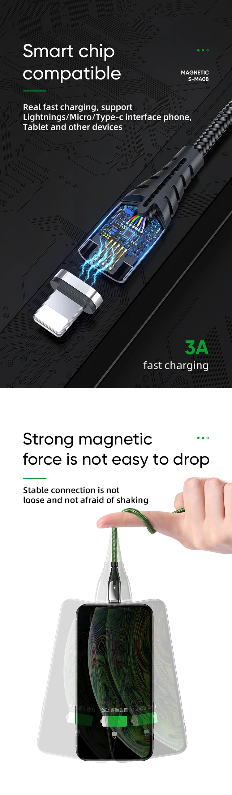 Phone Quick Charge Type C Micro Data Led Usb Charging 3 in 1 Magnetic Cable - ANKUX.COM