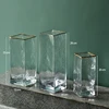 Bixuan Vases Clear Hammered Glass Cube Vase Golden Rim Decor Modern Rectangle Candleholder Table Accent Centerpieces 10x29cm