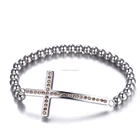 Stylish Christianity Prayer Jewelry Silver Plated Sideways Religious Jesus Cross Stainless Steel Bead Bangles With High Polished