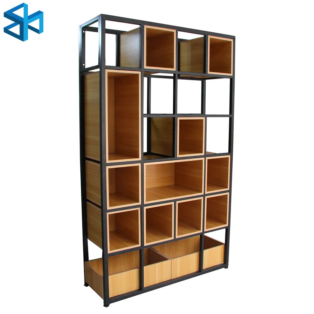 Cafe Decoration Display Shelf Wood Book Boutique Metal Rack