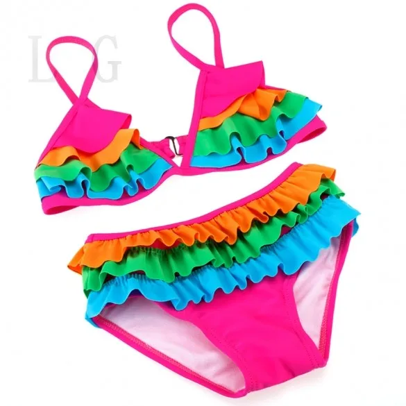 Brand New Girl Swimwear Swimsuit Colorful Layered Stitching Two piece Swimsuits Bikini set Children Girl Swimsuit