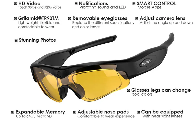 Gogloo E7 High performance 1080P  wifi camera glasses for Racing sports ( with Tiltable camera, black frame and clear lenses )