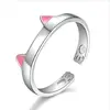 925 Sterling Silver Plated Copper Animal Pink Black Ears Kitty Cat Ring Open Adjustable Ring