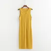High strech yellow color sleeveless sexy button up ladies long wrap knit dress