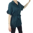 Summer Silky Woven Satin Tie Waist T-shirt Women Clothes Blouse