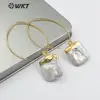 WT-E492 Gold Capped Pearl Pendant With Metal Hoop Vintage Pearl Jewelry For Women Square Shape Natural Freshwater Pearl Earring